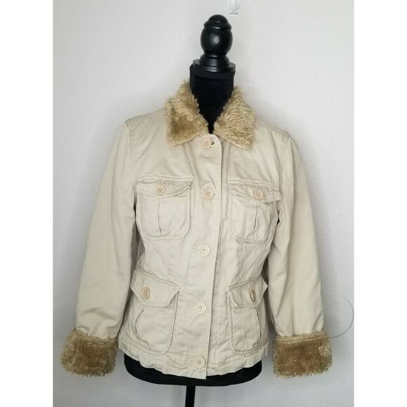 Jacob Connexion Tan Jacket Fur Trim Pockets Size M - Picture 1 of 8
